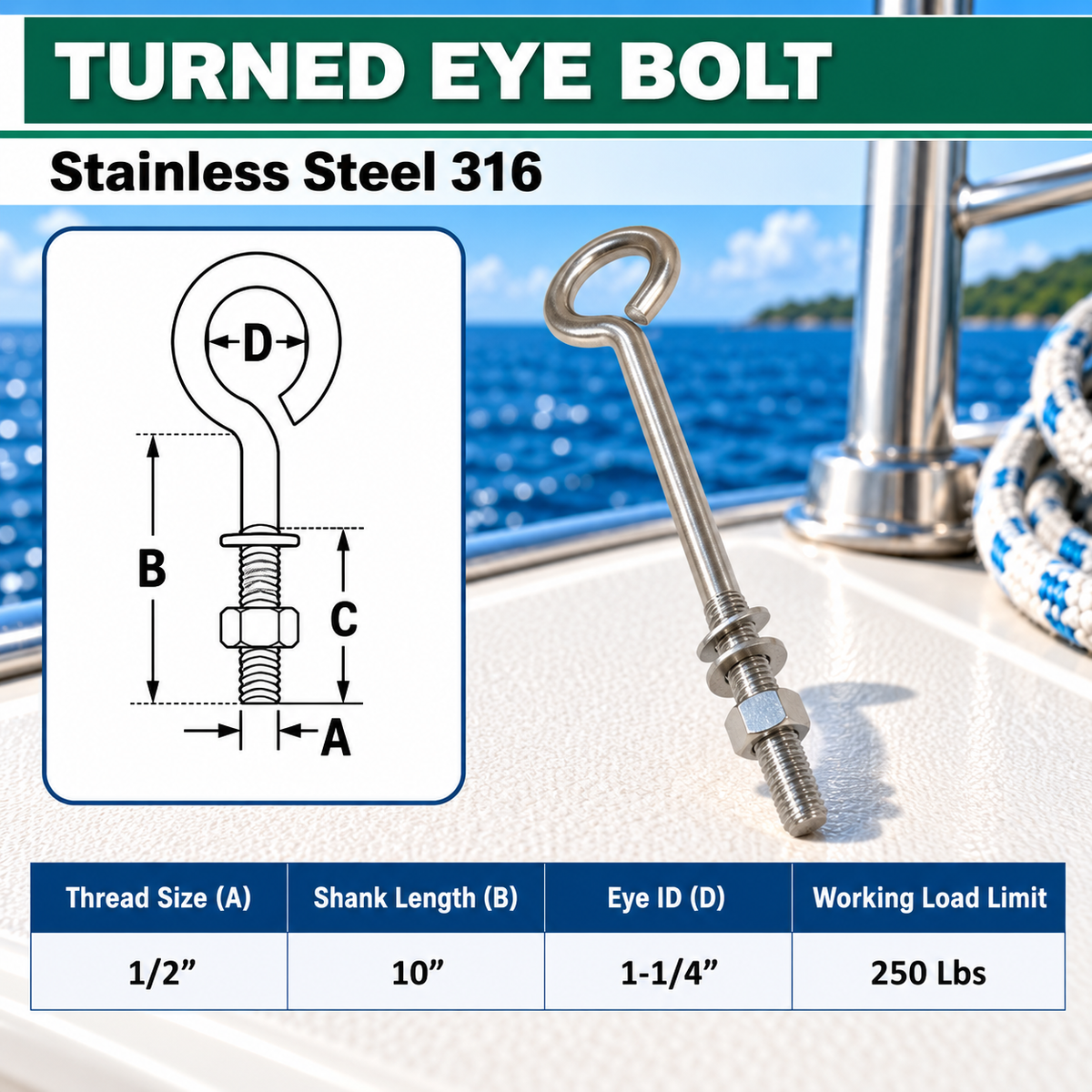 Marine Boat T316 Stainless Steel Turned Eye Bolt with Nut and Washer, Eye Bolt Hardware for Deck, Dock, and Rigging