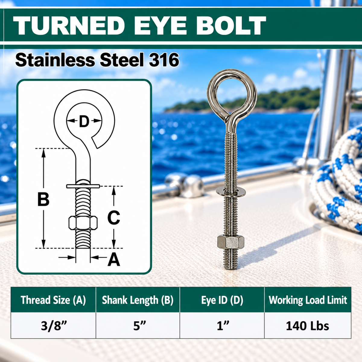 Marine Boat T316 Stainless Steel Turned Eye Bolt with Nut and Washer, Eye Bolt Hardware for Deck, Dock, and Rigging