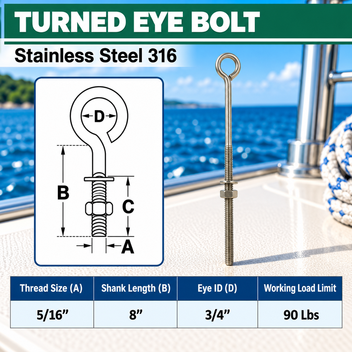 Marine Boat T316 Stainless Steel Turned Eye Bolt with Nut and Washer, Eye Bolt Hardware for Deck, Dock, and Rigging