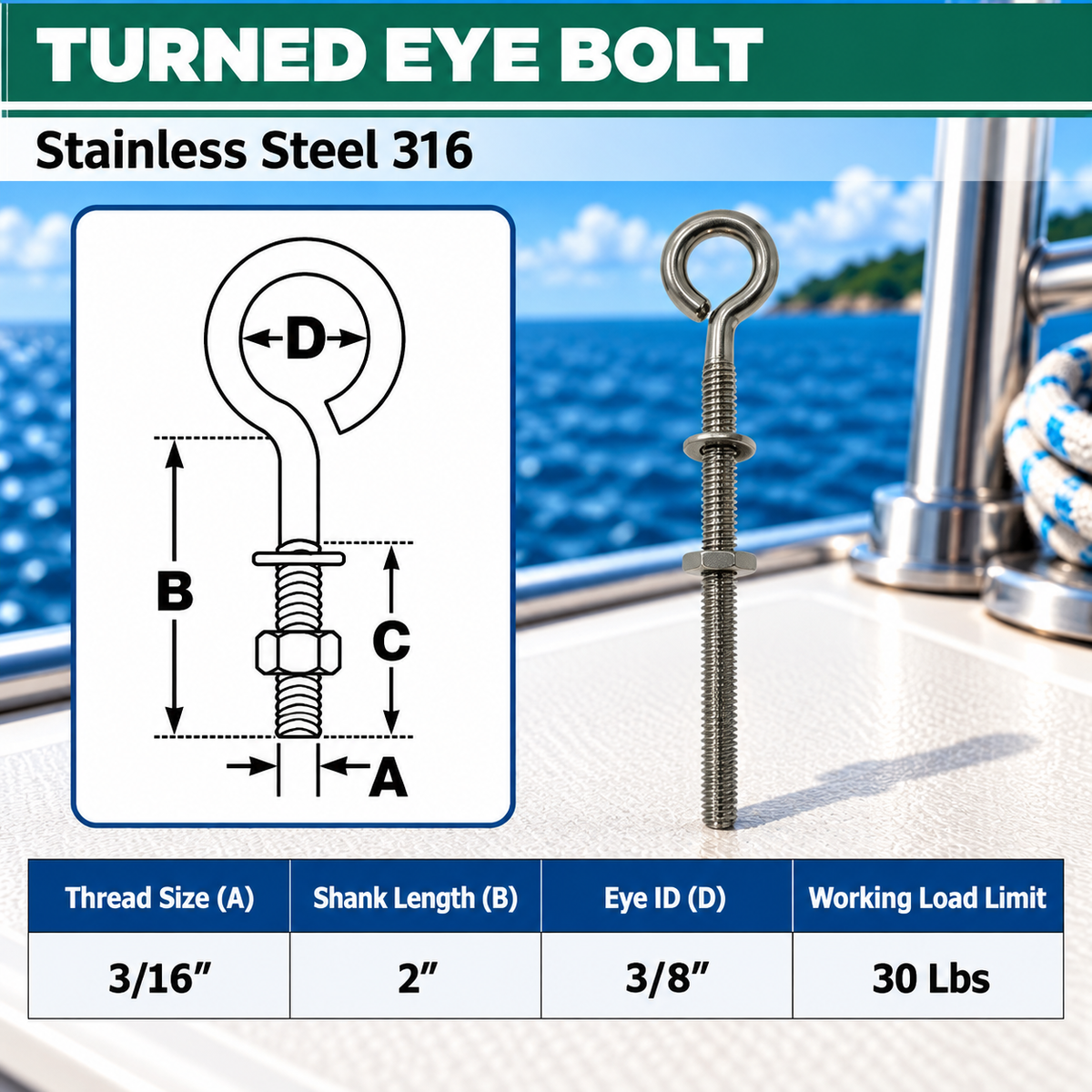 Marine Boat T316 Stainless Steel Turned Eye Bolt with Nut and Washer, Eye Bolt Hardware for Deck, Dock, and Rigging