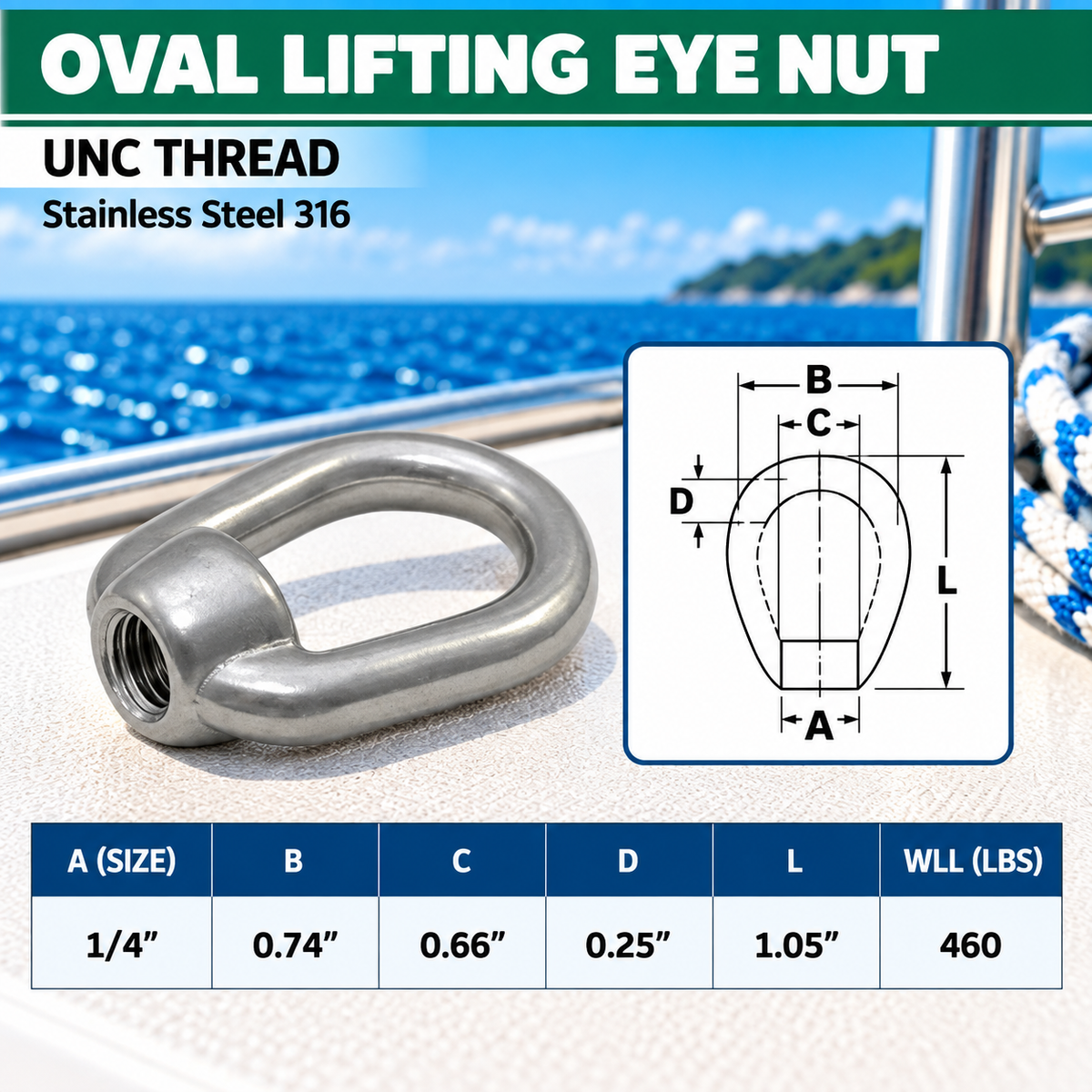 2 Pc Set Marine Stainless Steel 316 Eye Nut, UNC Tap Thread Lifting and Rigging Hardware for Boat, Dock, and Outdoor Use