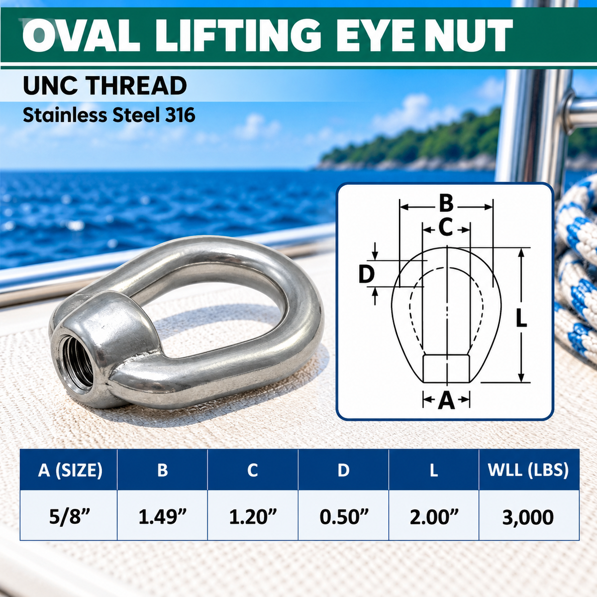 2 Pc Set Marine Stainless Steel 316 Eye Nut, UNC Tap Thread Lifting and Rigging Hardware for Boat, Dock, and Outdoor Use