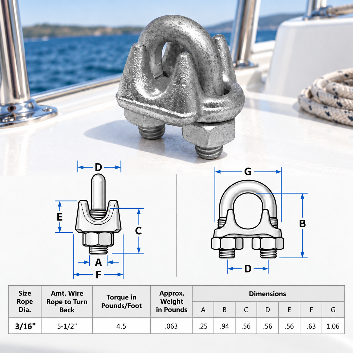 2 Pc Set Galvanized Drop Forged Wire Rope Clips, Marine Cable Clamps for 1/8", 3/16", 1/4", 5/16", 3/8", and 1/2" Cable