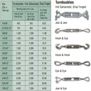 Galvanized Drop Forged Turnbuckle, Hook Eye, Jaw Eye, Hook Hook, Jaw Jaw, and Eye Eye Rigging Tensioner