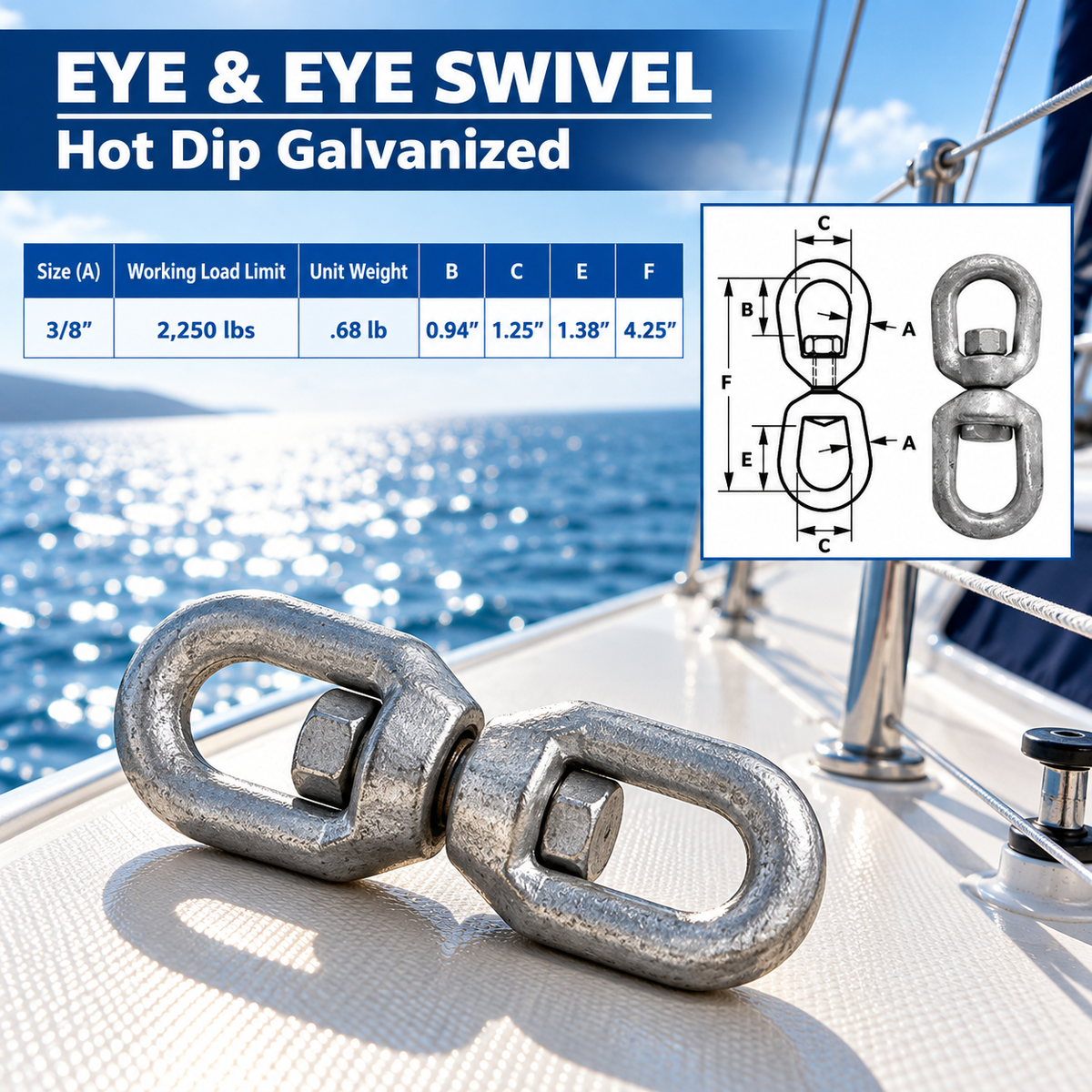 Marine Boat Galvanized Eye Eye Swivel Mooring, Boat Rigging Swivel for Chain, Anchor, Dock, and Outdoor Use