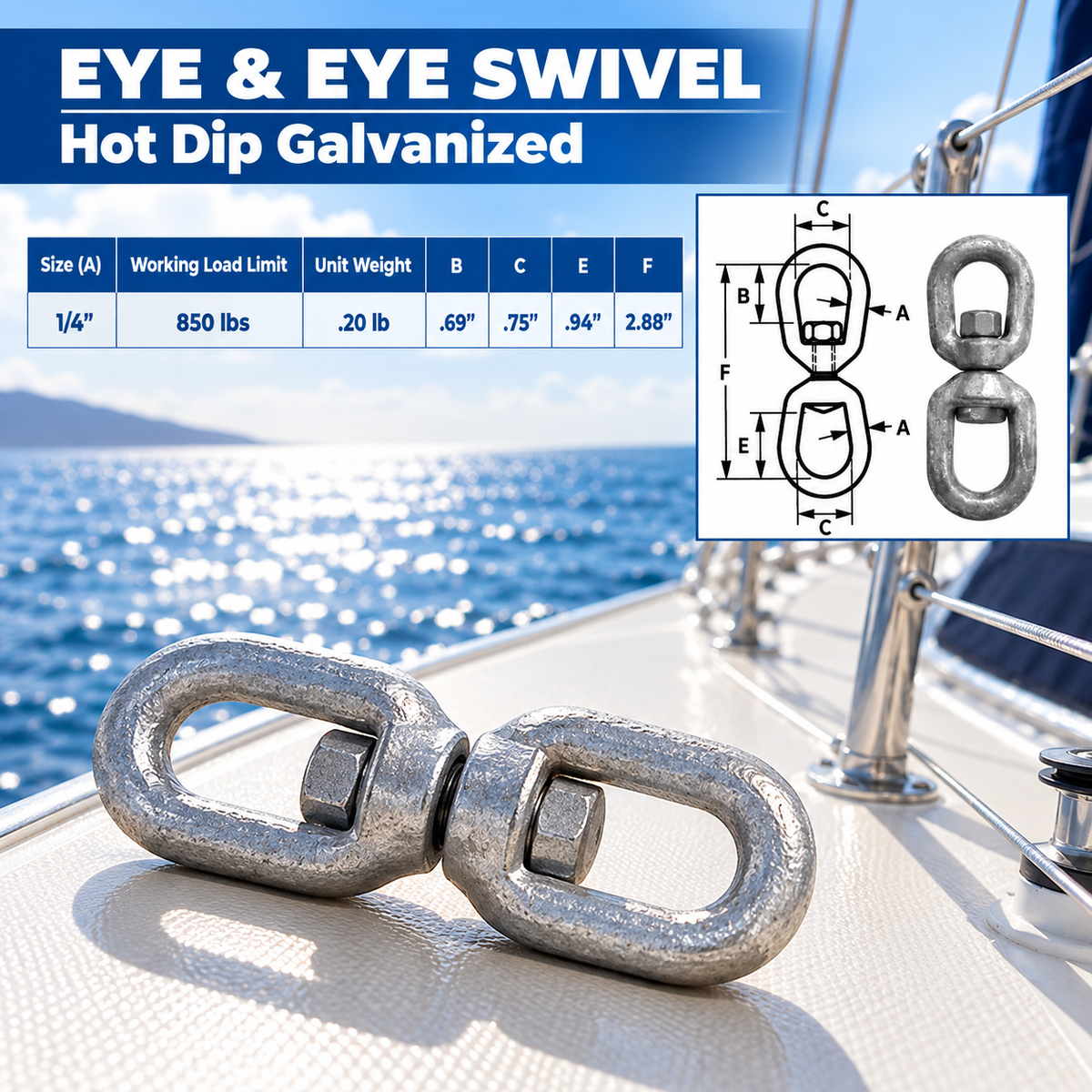 Marine Boat Galvanized Eye Eye Swivel Mooring, Boat Rigging Swivel for Chain, Anchor, Dock, and Outdoor Use