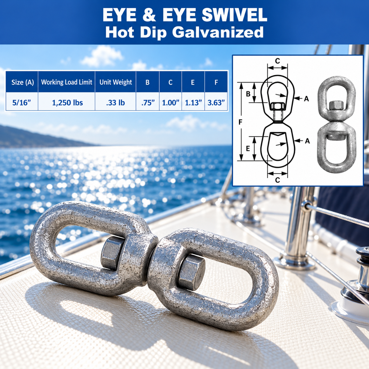 Marine Boat Galvanized Eye Eye Swivel Mooring, Boat Rigging Swivel for Chain, Anchor, Dock, and Outdoor Use