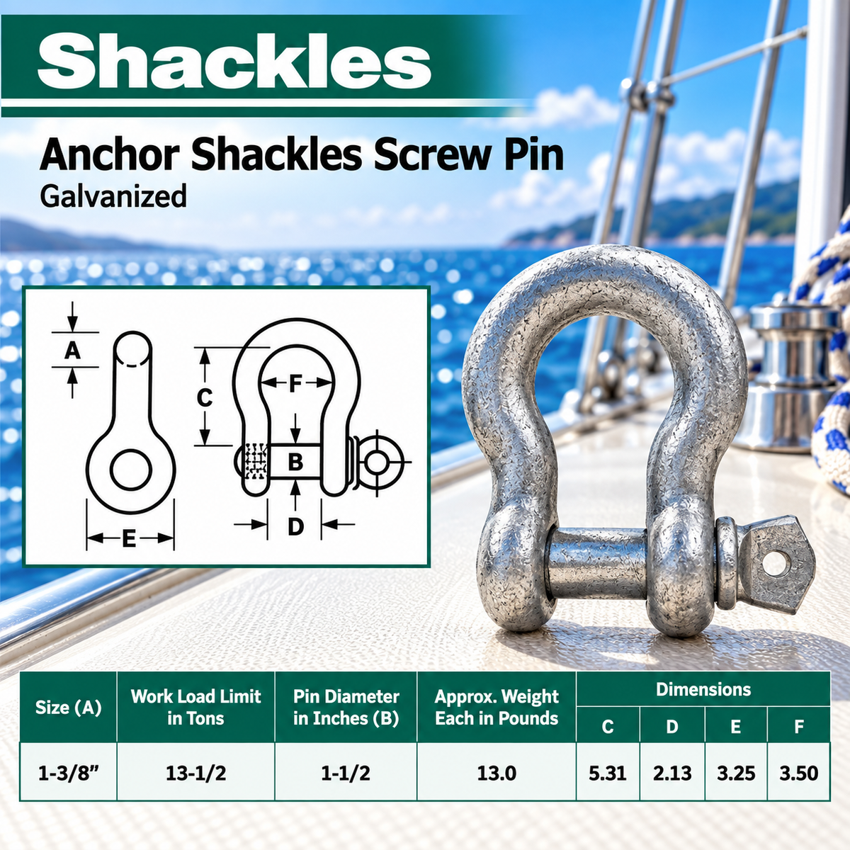 Galvanized Screw Pin Anchor Shackles , Heavy Duty Rigging Shackles for Chain, Rope, Cable, and Towing