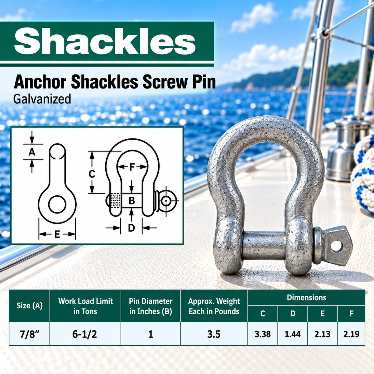 Galvanized Screw Pin Anchor Shackles , Heavy Duty Rigging Shackles for Chain, Rope, Cable, and Towing