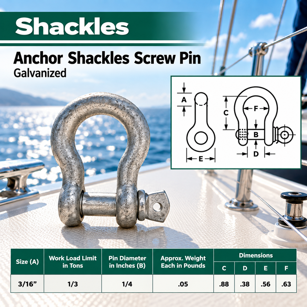 Galvanized Screw Pin Anchor Shackles , Heavy Duty Rigging Shackles for Chain, Rope, Cable, and Towing