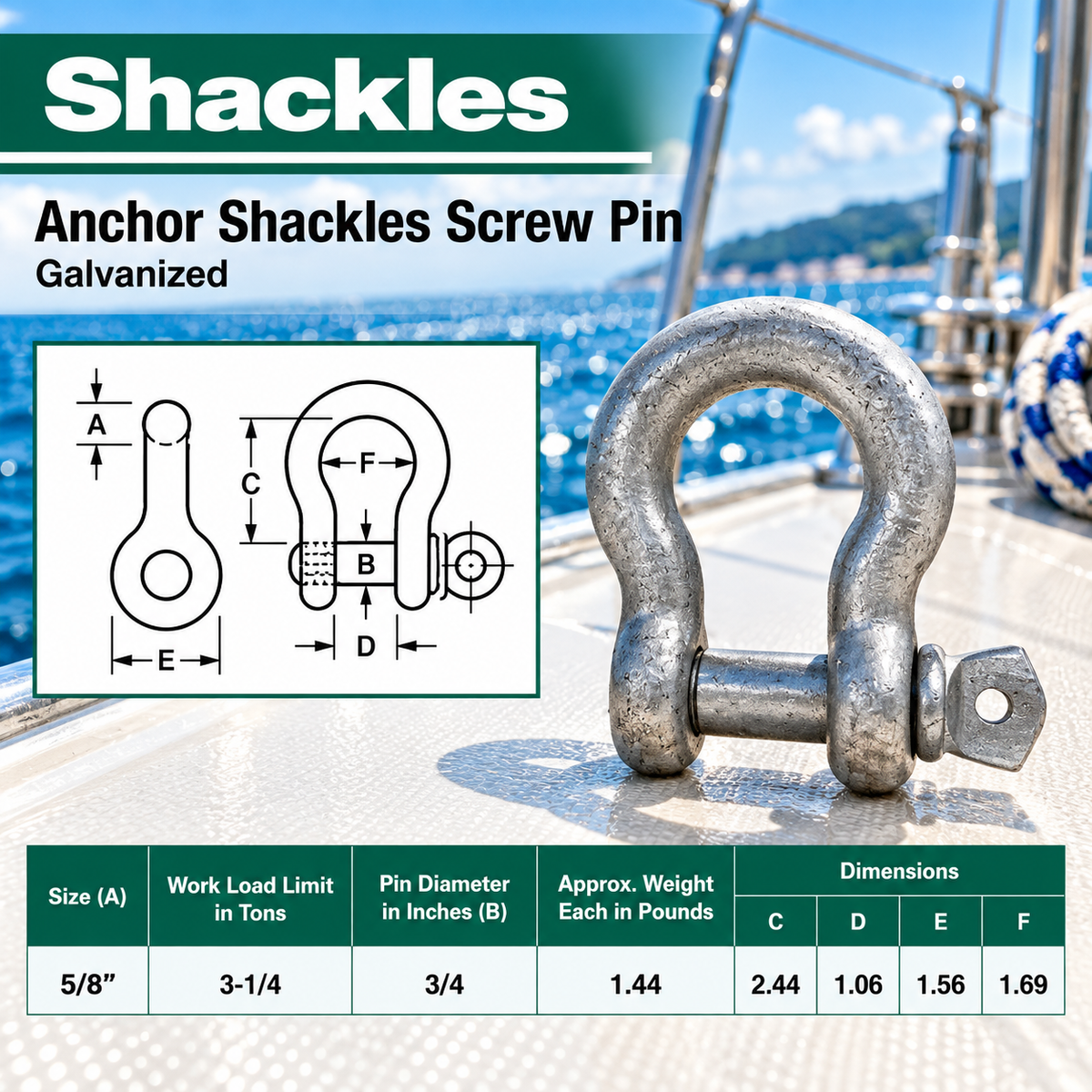 Galvanized Screw Pin Anchor Shackles , Heavy Duty Rigging Shackles for Chain, Rope, Cable, and Towing