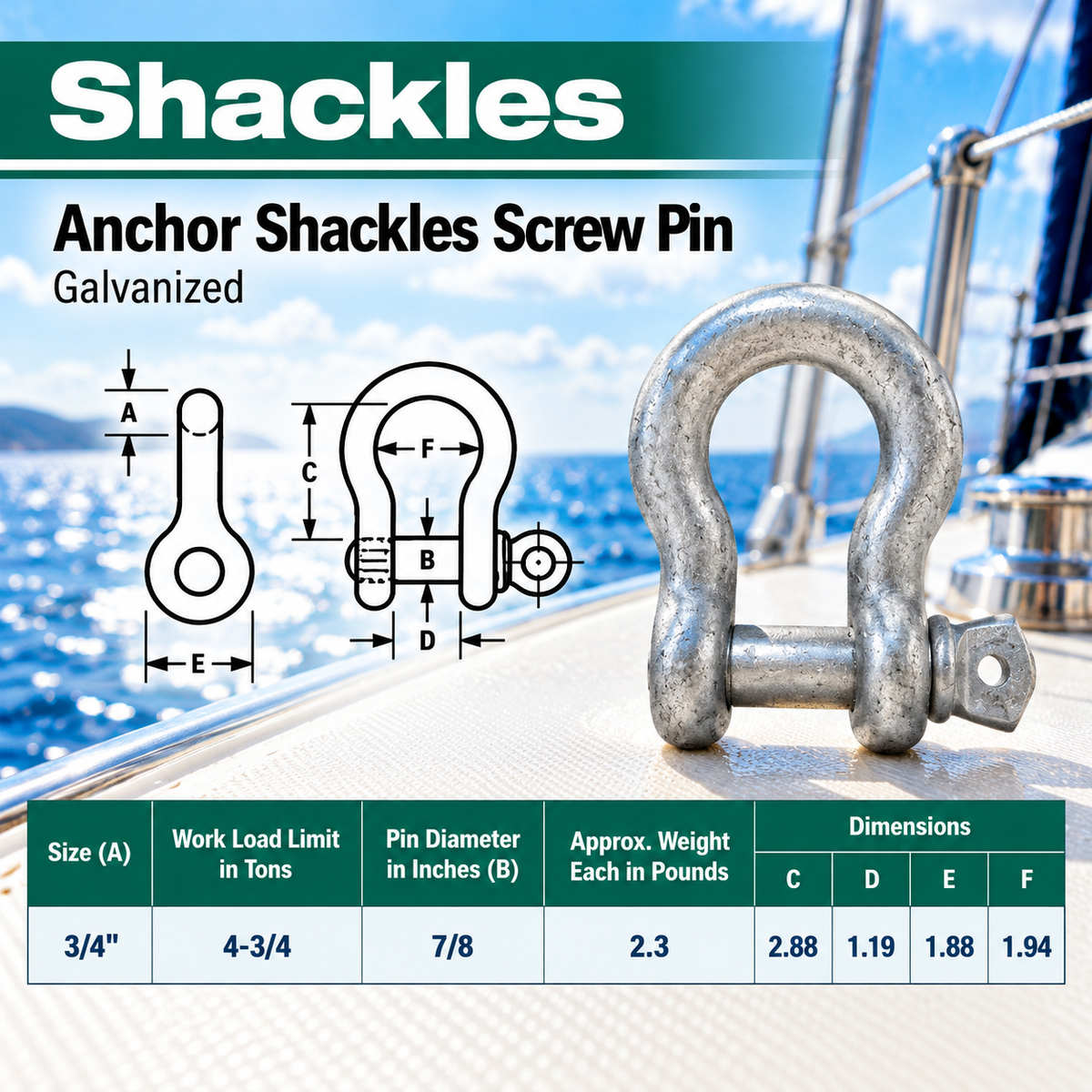 Galvanized Screw Pin Anchor Shackles , Heavy Duty Rigging Shackles for Chain, Rope, Cable, and Towing