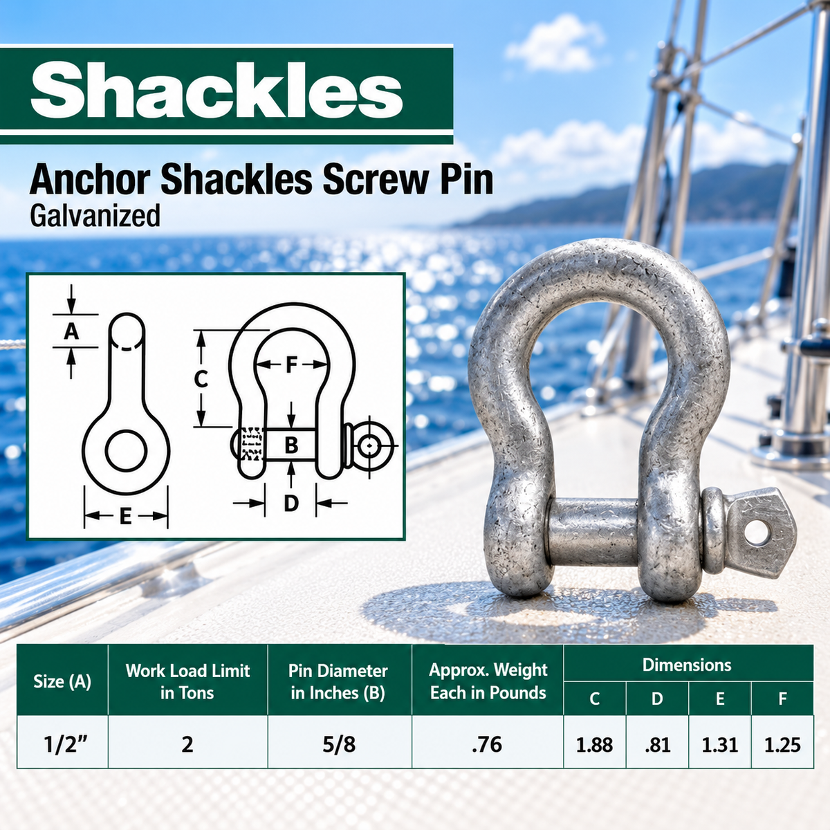 Galvanized Screw Pin Anchor Shackles , Heavy Duty Rigging Shackles for Chain, Rope, Cable, and Towing