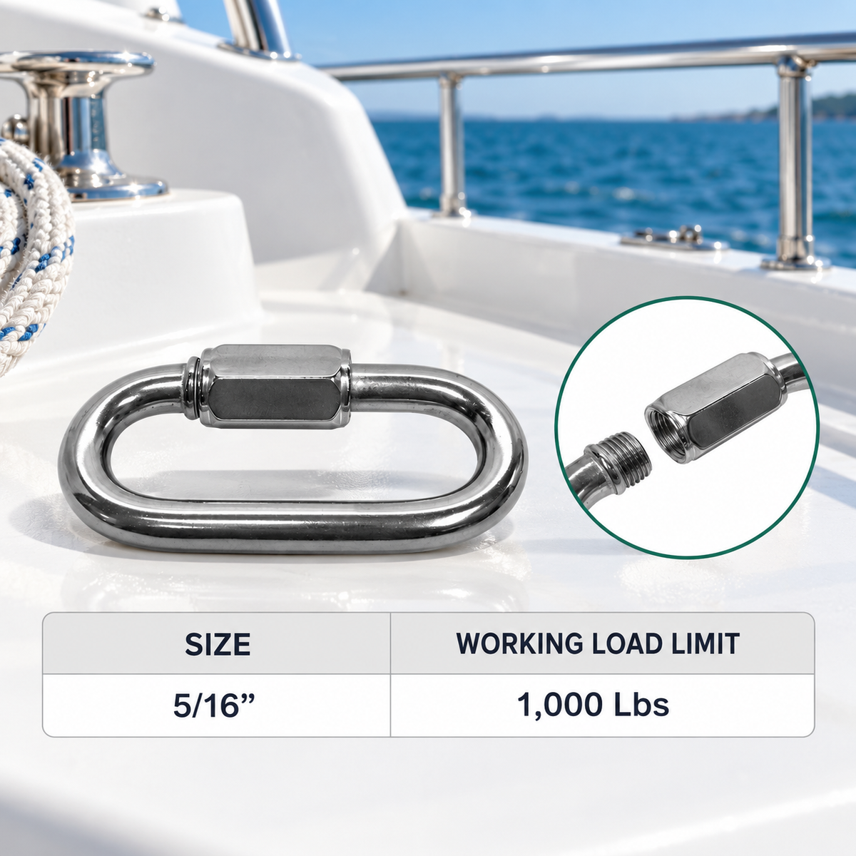 5 Pc Set Stainless Steel T316 Quick Link, Marine Grade Chain Connector in 1/8", 5/32", 3/16", 1/4", 5/16", 3/8", and 1/2"