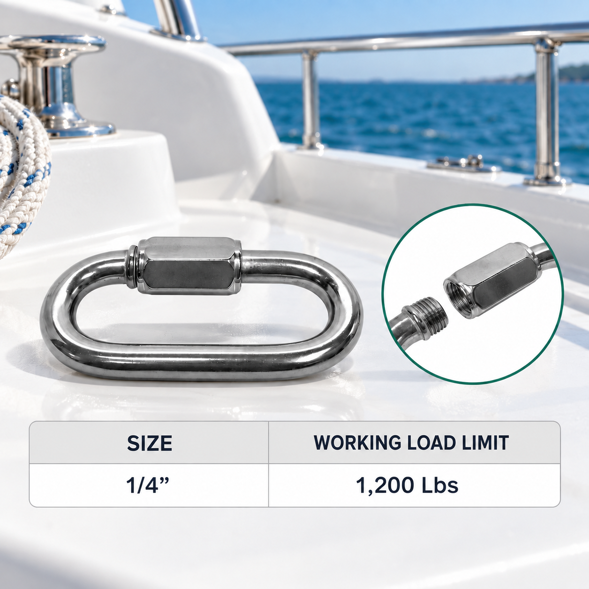 5 Pc Set Stainless Steel T316 Quick Link, Marine Grade Chain Connector in 1/8", 5/32", 3/16", 1/4", 5/16", 3/8", and 1/2"