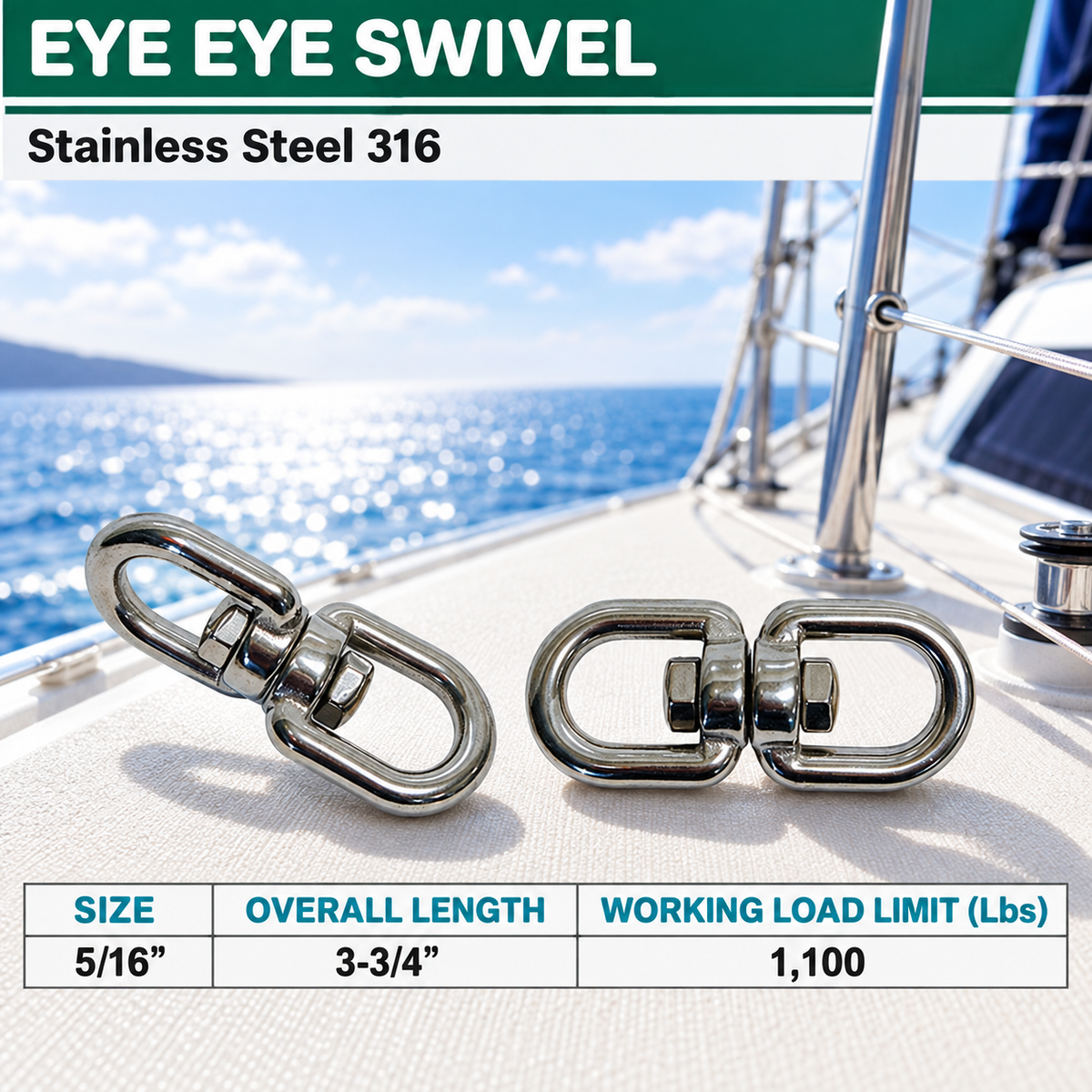 Stainless Steel T316 Eye Eye Swivel, Marine Mooring Rigging Connector for Boat, Dock, Anchor, Chain, Rope, and Cable