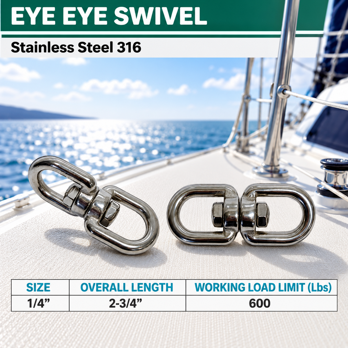 Stainless Steel T316 Eye Eye Swivel, Marine Mooring Rigging Connector for Boat, Dock, Anchor, Chain, Rope, and Cable