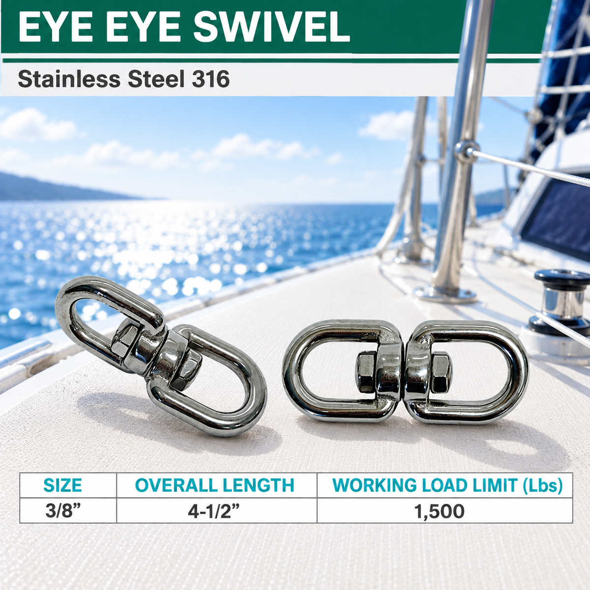 Stainless Steel T316 Eye Eye Swivel, Marine Mooring Rigging Connector for Boat, Dock, Anchor, Chain, Rope, and Cable