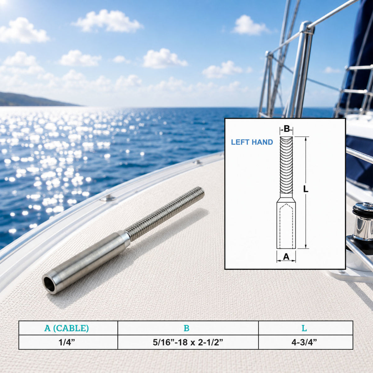 4 Pc Set Marine T316 Stainless Steel Hand Swage Lifeline Stud, Cable Rail Terminal for Deck, Dock, and Railing