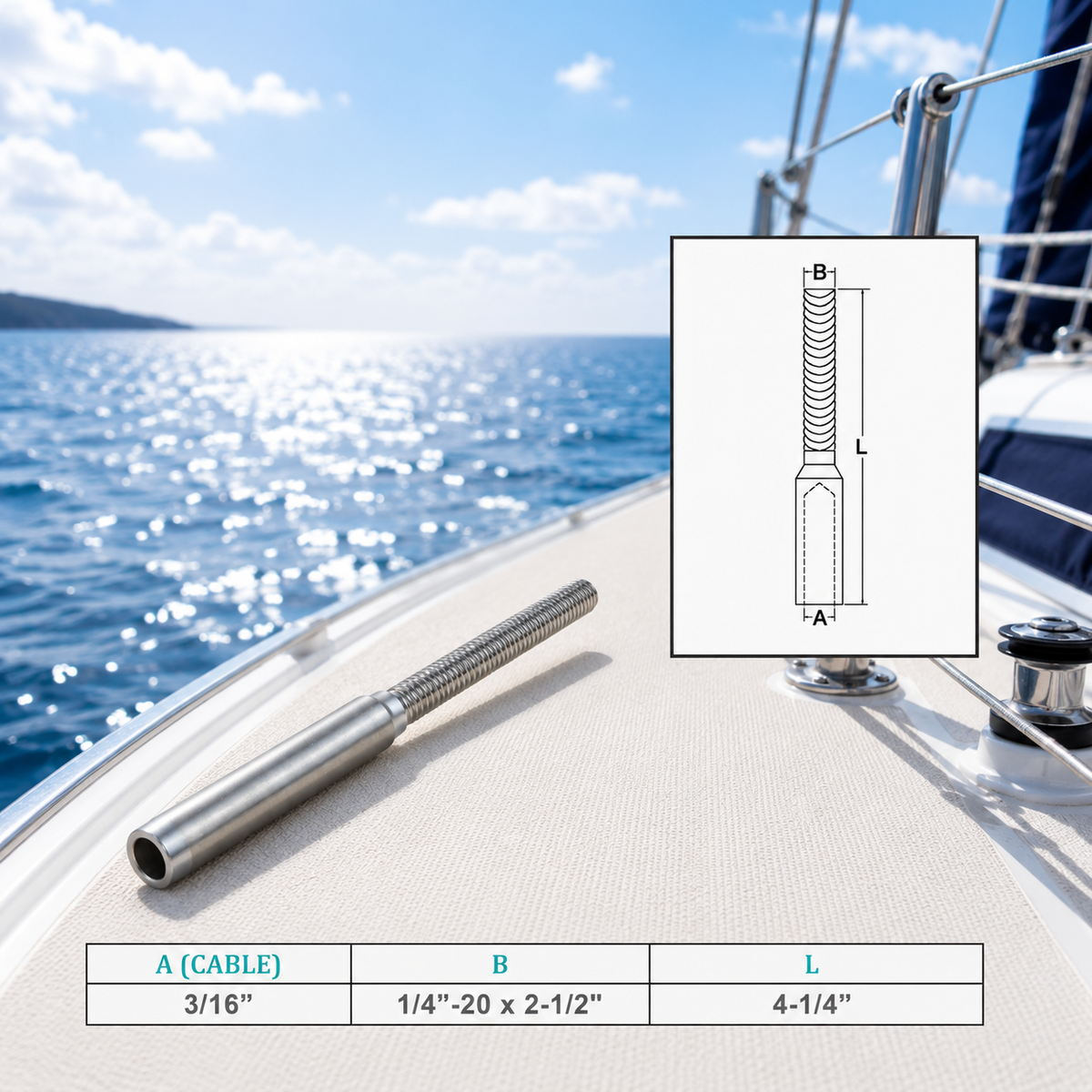 4 Pc Set Marine T316 Stainless Steel Hand Swage Lifeline Stud, Cable Rail Terminal for Deck, Dock, and Railing