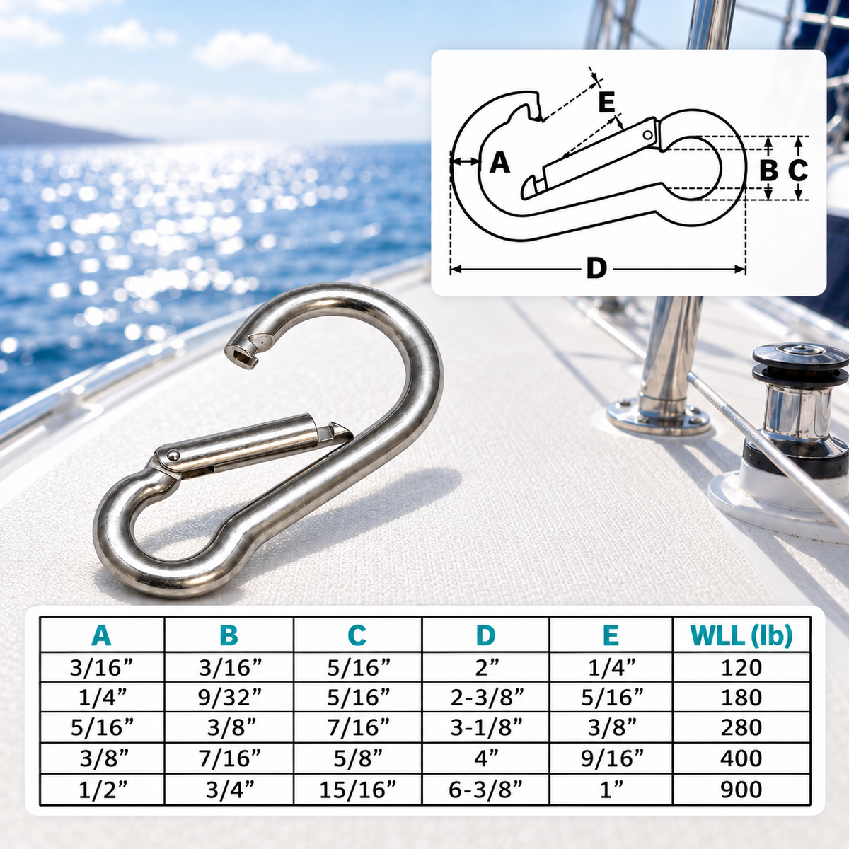 5 Pc Set Marine T316 Stainless Steel Snap Hook, Spring Snap Hook Connector for Rope, Chain, Cable, Rigging, and Dock Hardware