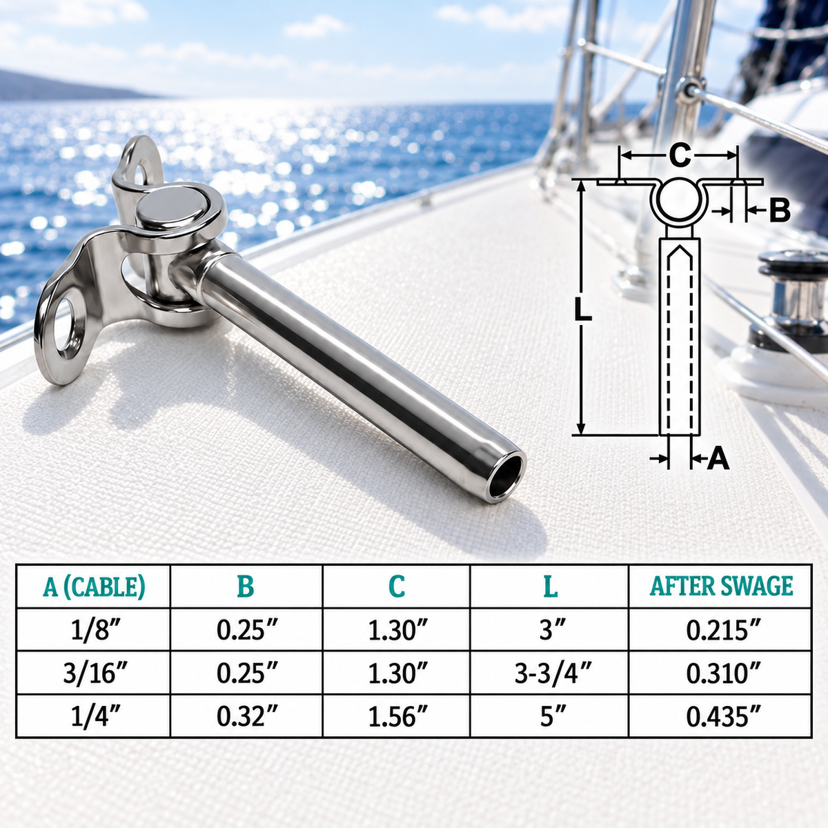5 Pc Set T316 Stainless Steel Swage Deck Toggle, Cable Wire Rope Railing Terminal Fitting for Boat, Deck, Dock, and Outdoor Use