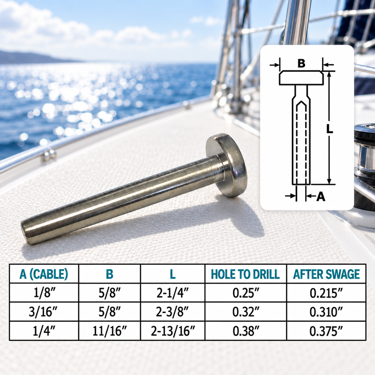 5 Pc Set T316 Stainless Steel Swage Dome Head Fitting for Cable Rail, Marine Wire Rope Railing Flat End Terminal