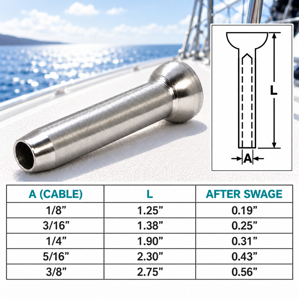 10 Pc Set T316 Stainless Steel Stemball Swage Fitting for Wood Post, Marine Wire Rope Terminal for Deck and Stair Rail