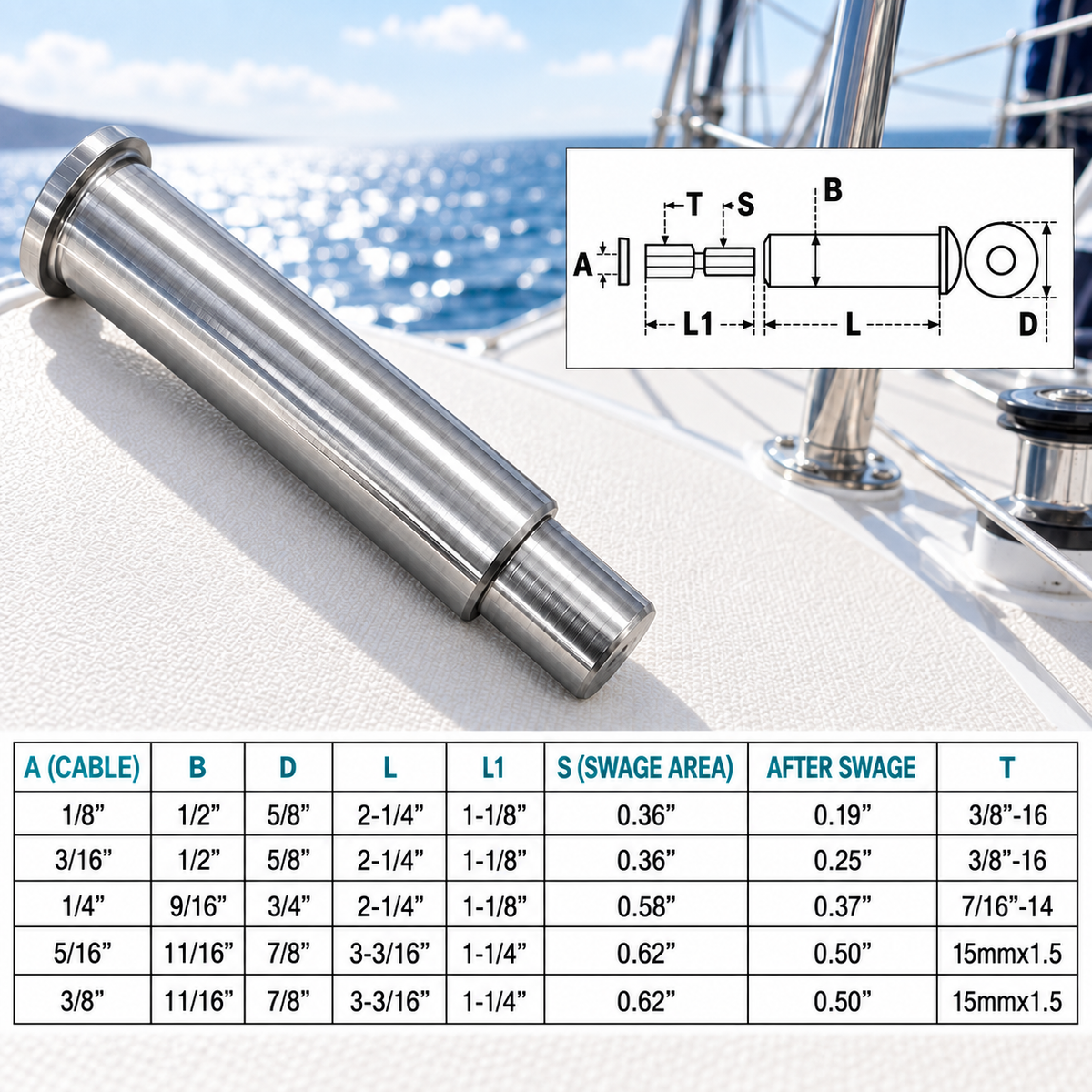 20 Pc Set T316 Stainless Steel Streamline Receiver and Stud for Cable Railing, Marine Wire Rope Terminal Fitting for Deck, Stair Rail