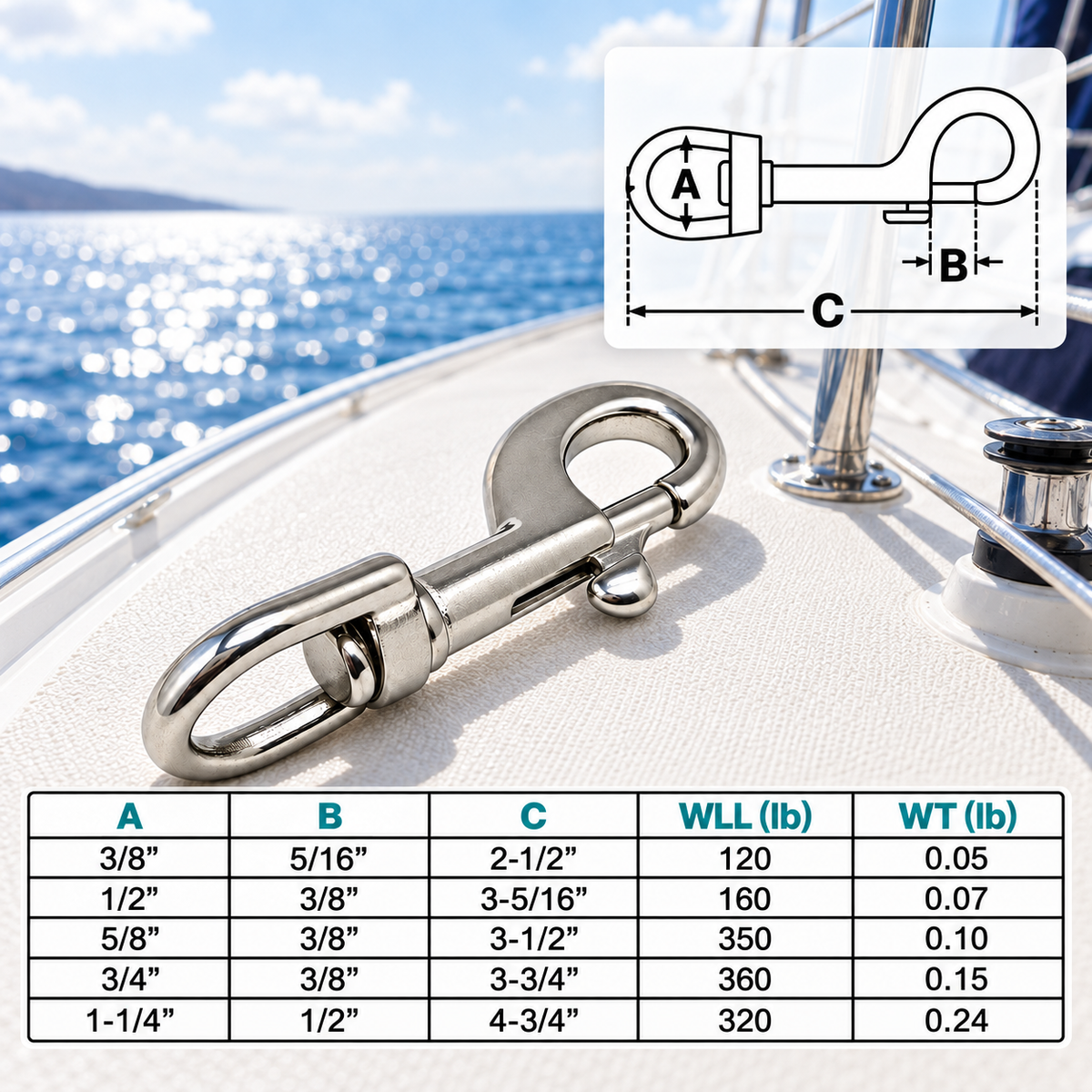 5 Pc Marine T316 Stainless Steel Swivel Eye Snap Hook for Rope, Chain, Rigging