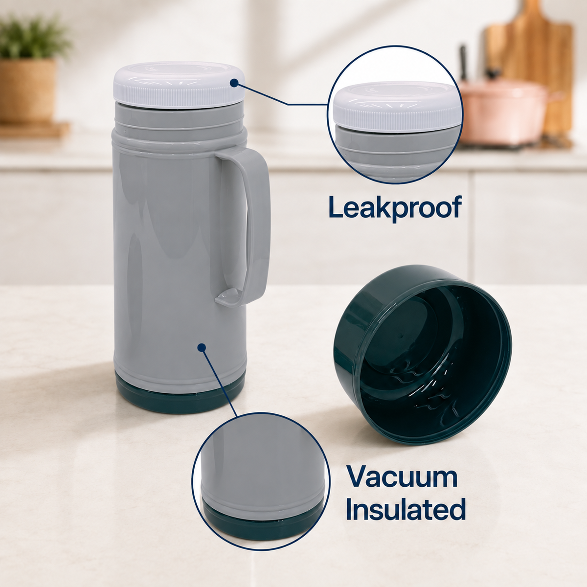 1L (33 oz) Insulated Food Jar, Double Lid Vacuum Insulated Food Container, Leakproof Thermal Lunch Jar for Soup