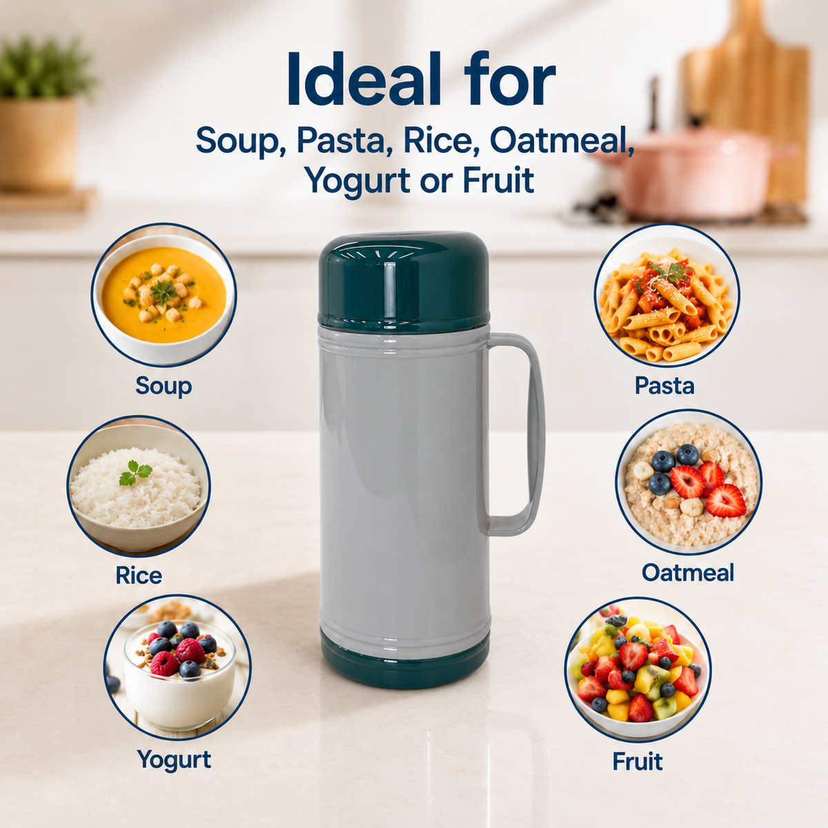 1L (33 oz) Insulated Food Jar, Double Lid Vacuum Insulated Food Container, Leakproof Thermal Lunch Jar for Soup