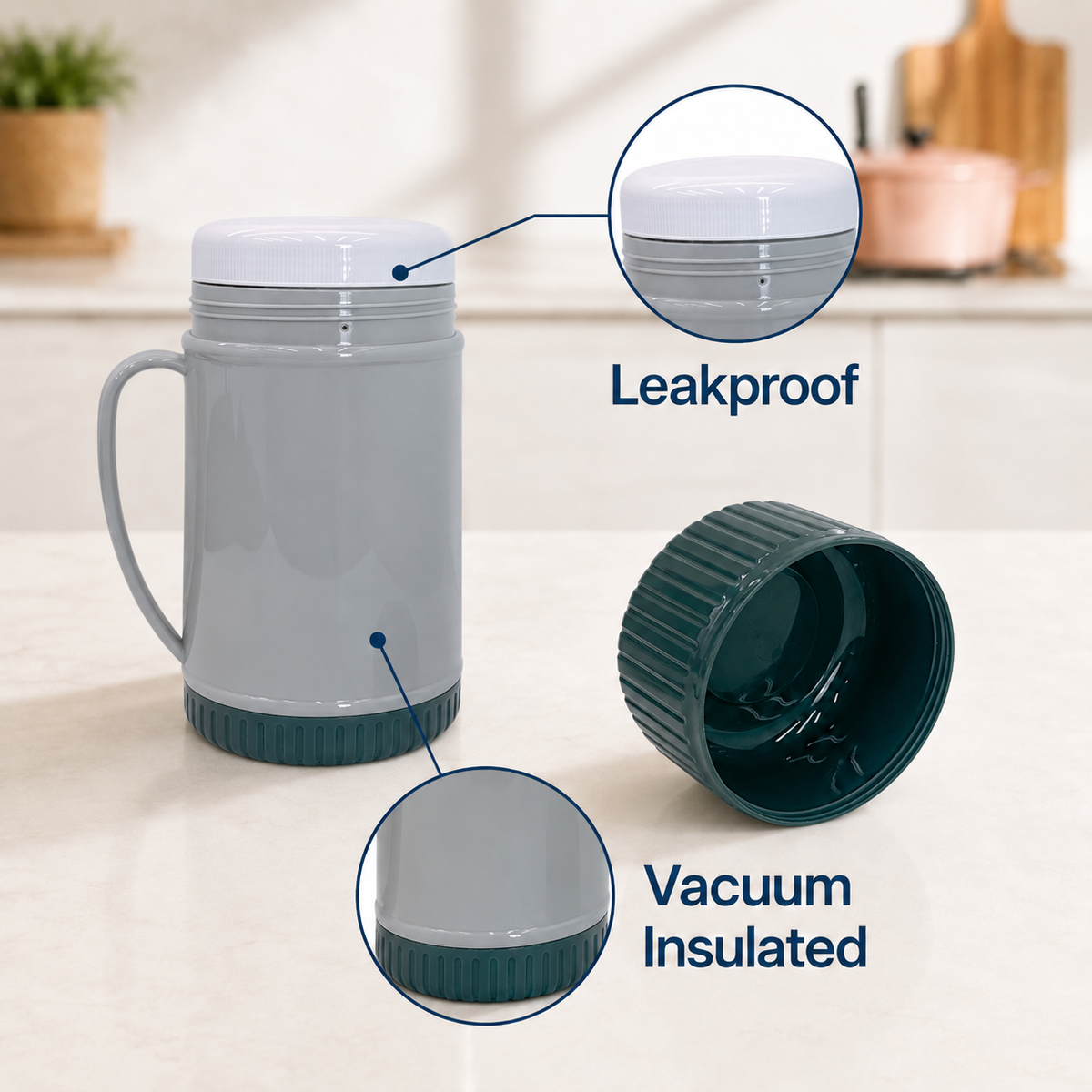 1.3L /42 oz Insulated Food Jar, Double Lid Vacuum Insulated Food Container, Leakproof Thermal Lunch Jar for Soup