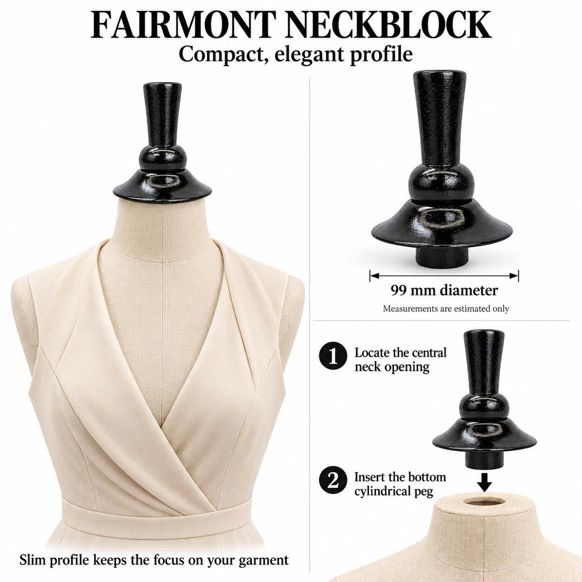 Fairmont Black Neck Block, 99mm Mannequin Neck Cap for Fabric Dress Forms, Replacement Top Finial for Clothing Displays