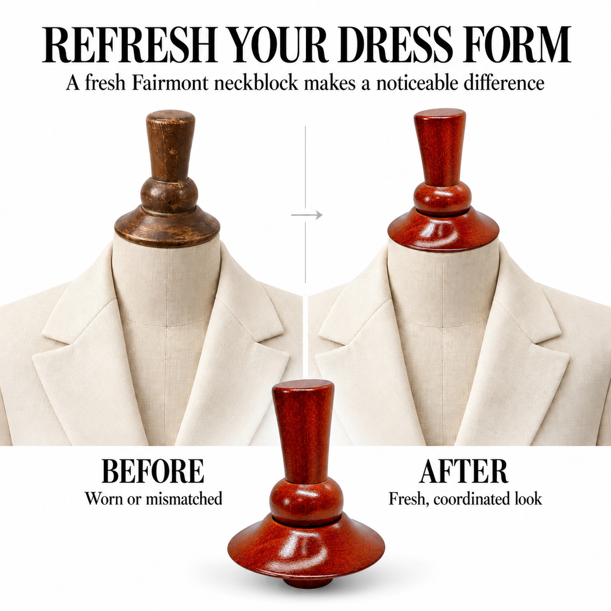 Fairmont Walnut Neck Block, 99mm Mannequin Neck Cap for Fabric Dress Forms, Replacement Top Finial for Clothing Displays