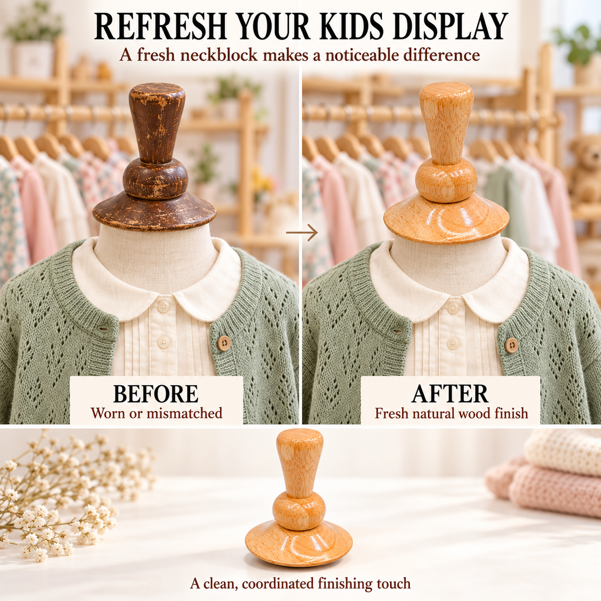 Champagne Neck Block For Fabric Children’s Mannequin, 1 1/4 Inch Diameter, Replacement Dress Form Neck Cap For Kids Clothing Displays