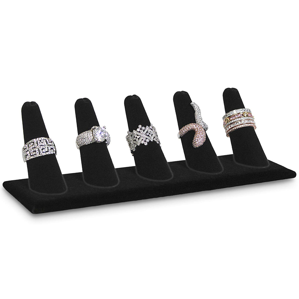 Black velvet five finger ring display stand with jewelry rings showcased