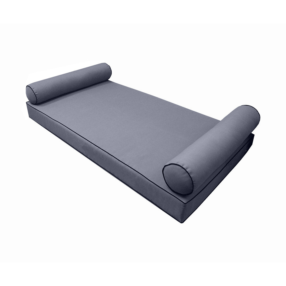 Five-piece pillow and bolster cushion set including seat cushion, two square back pillows, and two bolster pillows for indoor or outdoor seating.