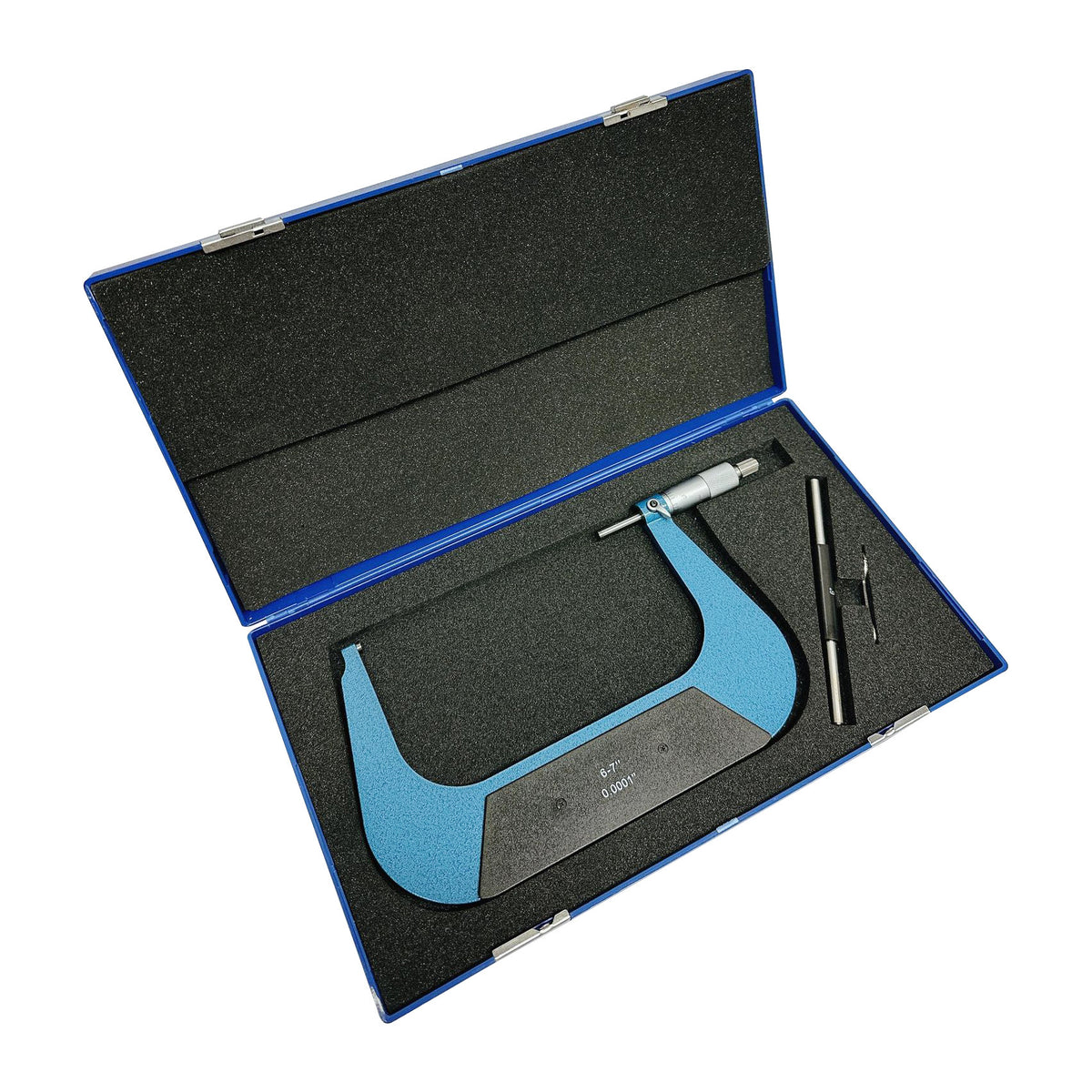 Precision outside micrometer with ratchet stop and carbide faces in protective case.