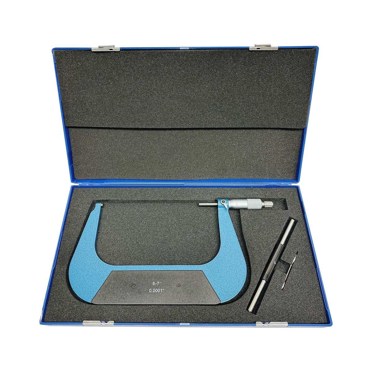 6-7 inch digital micrometer .0001" precision tool in blue case with accessories.