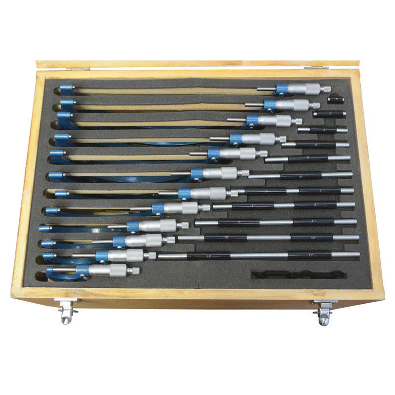 0-12" X 0.0001" Outside Micrometer Set Metal Frame Carbide Tip Wooden Case