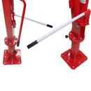 Red steel pickup crane hoist rated for 2000 pounds with swivel arm and handle.
