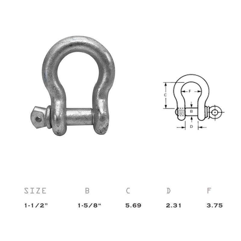 1-1/2" Screw Pin Anchor Shackle Galvanized Steel Drop Forged 34000 Lbs D Ring Bow Rigging
