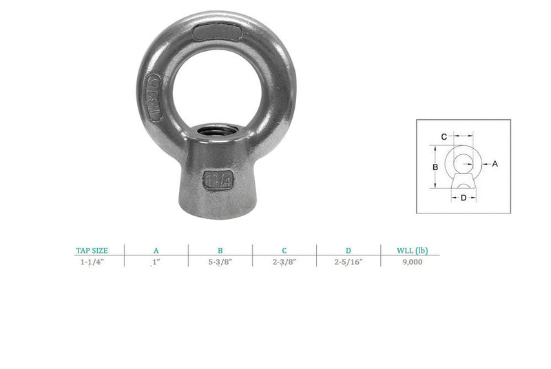 1-1/4" Boat Marine T316 Stainless Steel Lifting Eye Nut 9,000 LBS Cap UNC Tap
