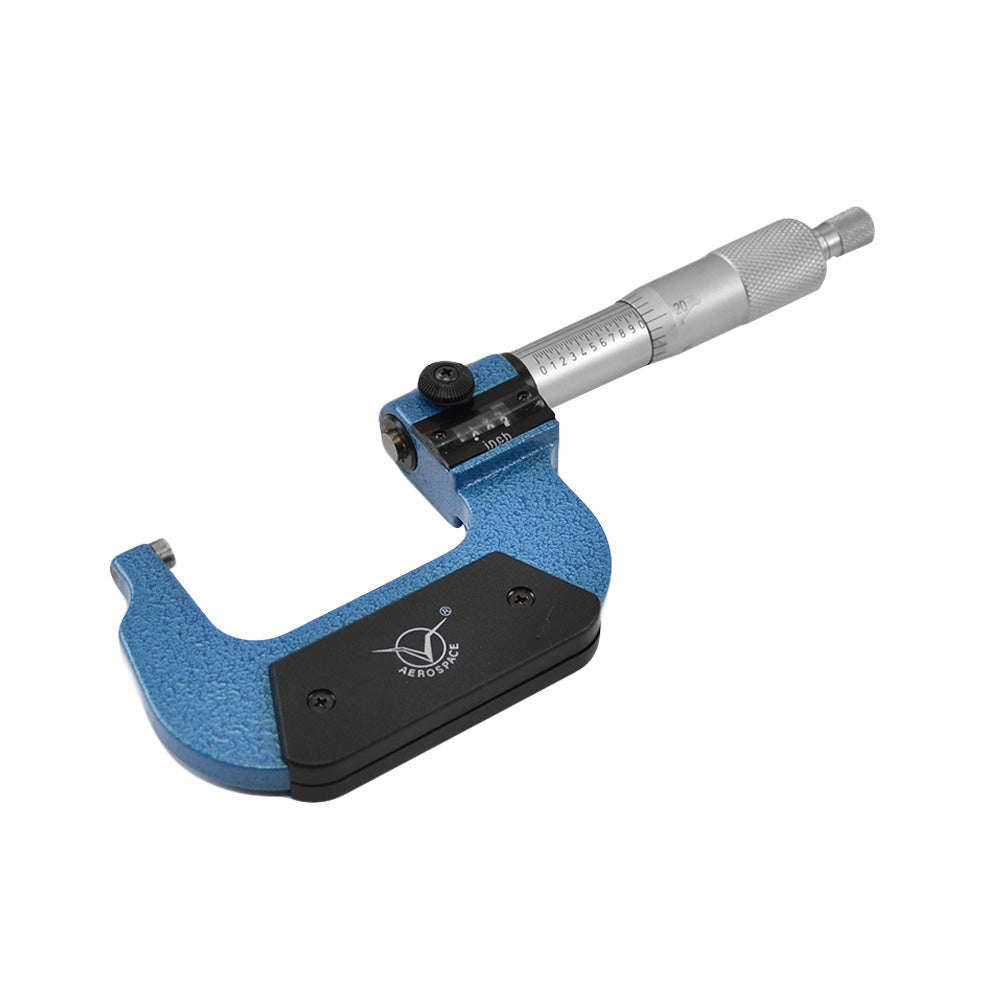 Precision outside micrometer with ratchet stop and carbide faces in protective case