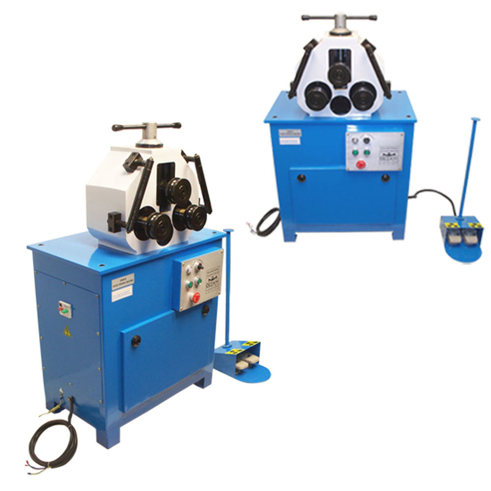 Industrial 1.5HP metal ring roller bender machine with three pinch roll wheels and control panel.