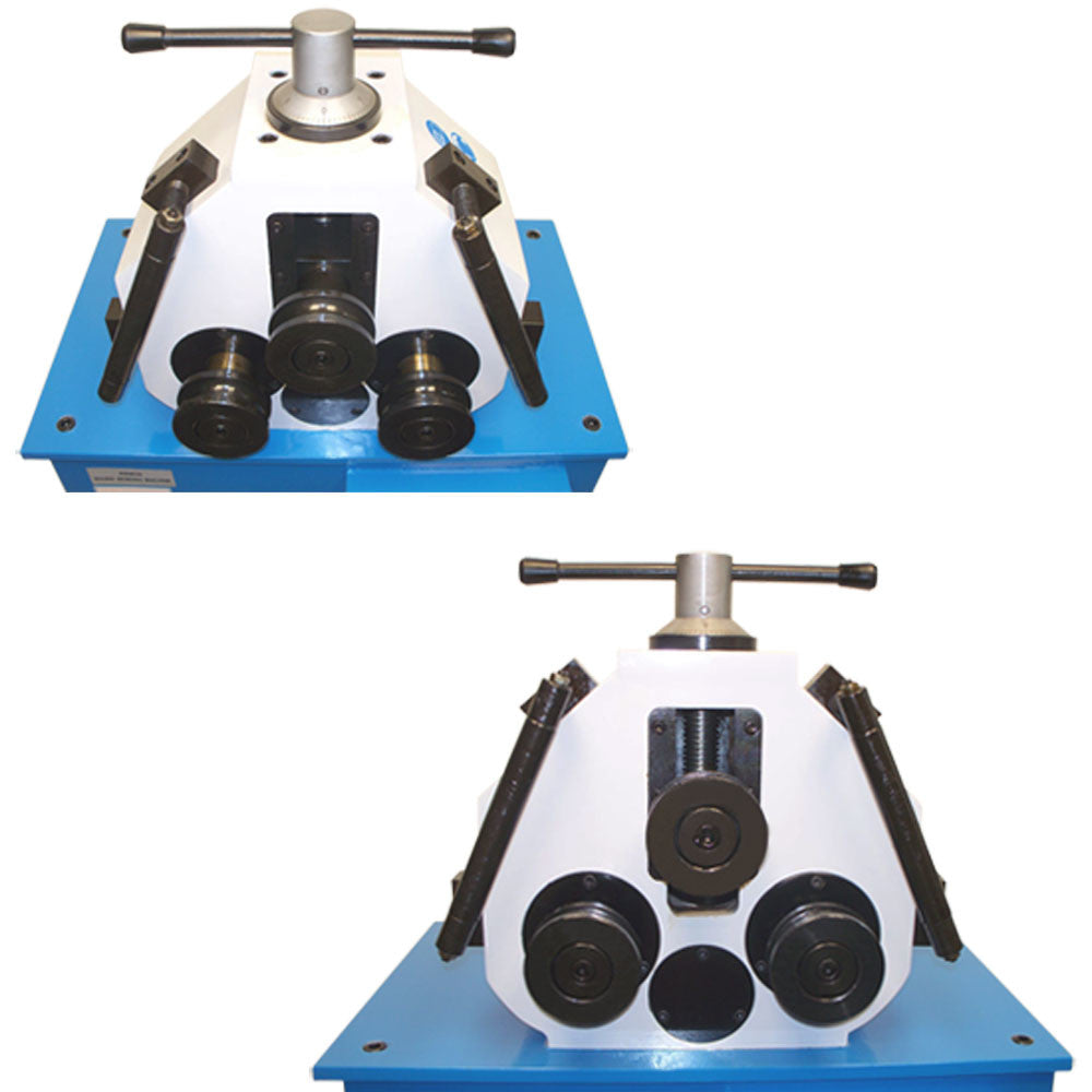 Professional metal bender machine featuring adjustable rolls and foot-operated controls.