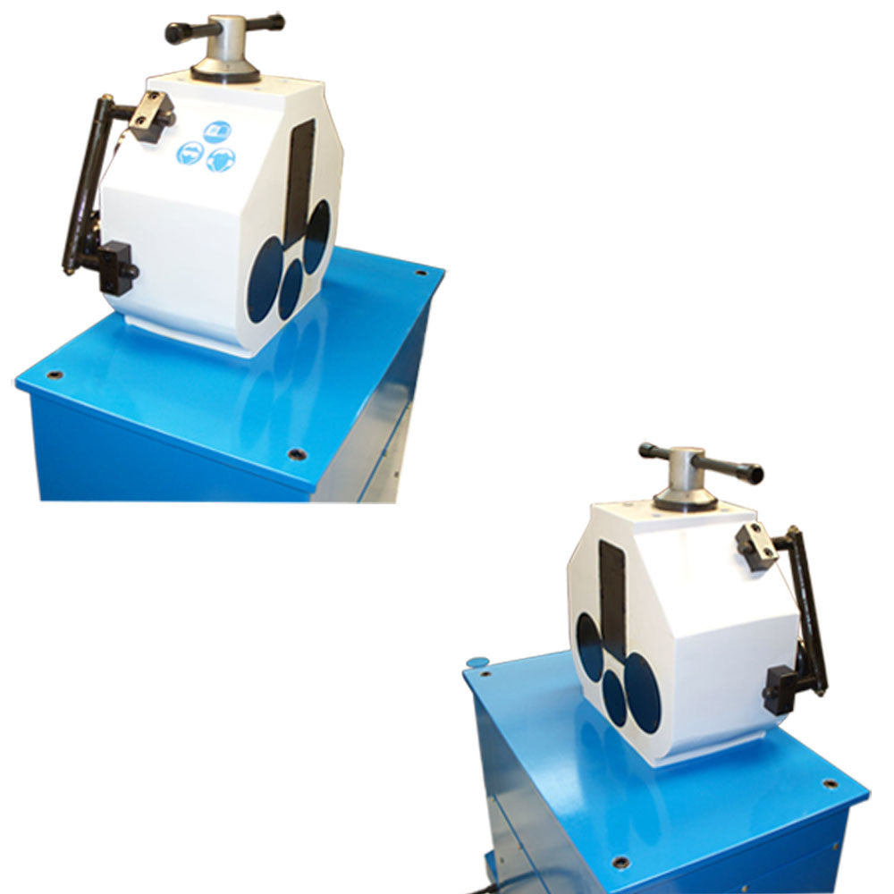 Blue and white steel roller bender for bending rings, bars, and square tubing in workshops.