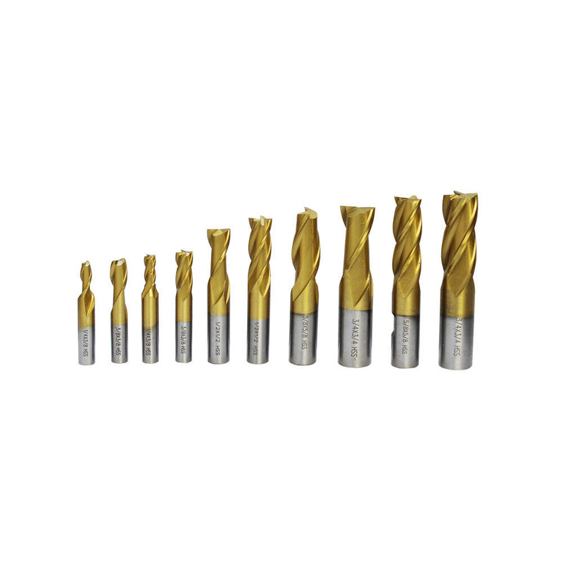 10 PC 1/4''-3/4''  HSS 2 & 4 Flut End Mill Set Tin Coated Single End Shank Mills