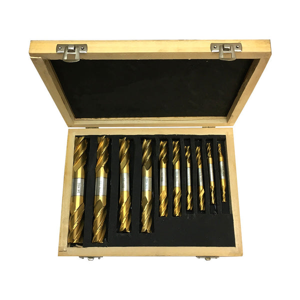 10 Pc 3/16'' - 3/4'' HSS Tin Coated 4 Flute Double End Mill Set Milling Drilling